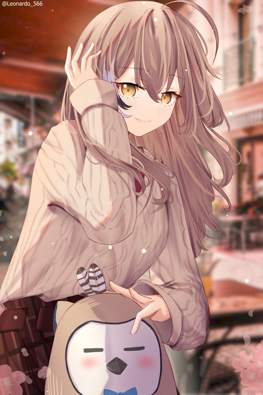 1girl absurdres ahoge belt blurry blurry_background brown_eyes brown_hair brown_skirt crossed_bangs hand_in_own_hair highres hololive hololive_english hooman_(nanashi_mumei) leonardo_566 light_particles long_hair looking_at_viewer multicolored_hair nanashi_mumei nanashi_mumei_(3rd_costume) official_alternate_costume plaid plaid_skirt red_shirt shirt skirt sleeves_past_wrists smile streaked_hair sweater very_long_hair virtual_youtuber white_sweater