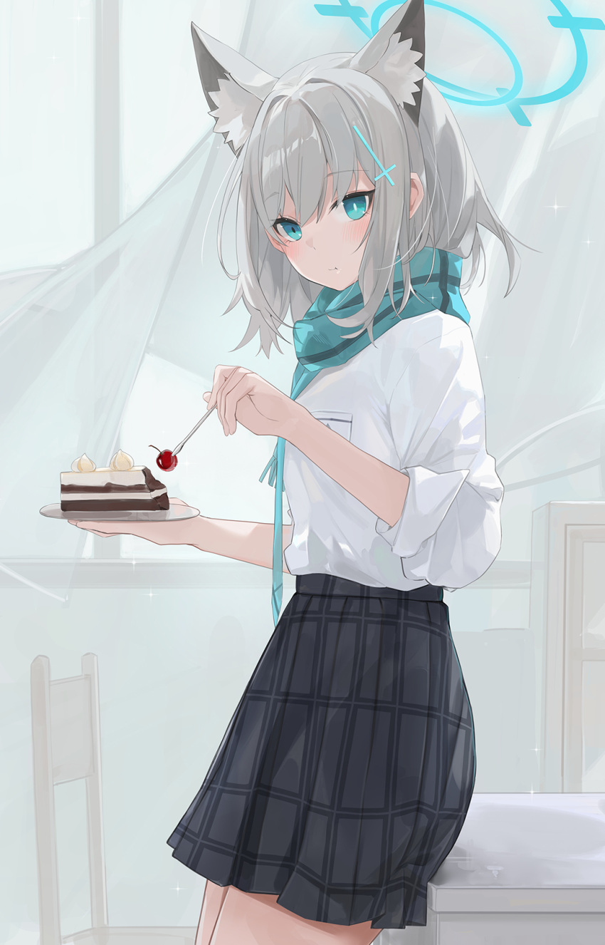 1girl :t animal_ear_fluff animal_ears black_skirt blue_archive blue_eyes blue_necktie blue_scarf blush cake cake_slice cherry closed_mouth commentary_request curtains dema_hmw eating food fork fringe_trim fruit grey_hair hair_between_eyes hair_ornament halo highres holding holding_fork holding_plate necktie plaid plaid_skirt plate scarf shiroko_(blue_archive) shirt skirt solo transparent white_shirt window