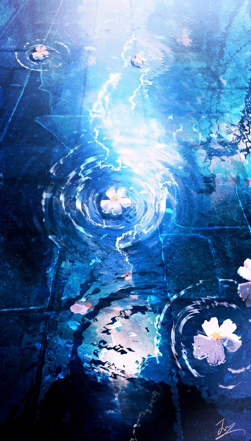 flower from_above highres no_humans original outdoors ripples scenery signature skyrick9413 water white_flower
