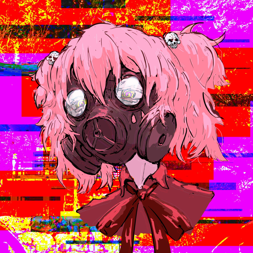 01neeto 1girl @_@ absurdres bow bowtie colored_eyelashes commentary english_commentary gas_mask glitch hair_between_eyes hair_ornament half-closed_eyes highres mahou_shoujo_magical_destroyers mask medium_hair multicolored_background multicolored_eyes pink_(magical_destroyers) pink_hair portrait red_bow red_bowtie red_ribbon ribbon short_twintails skull_hair_ornament solo twintails