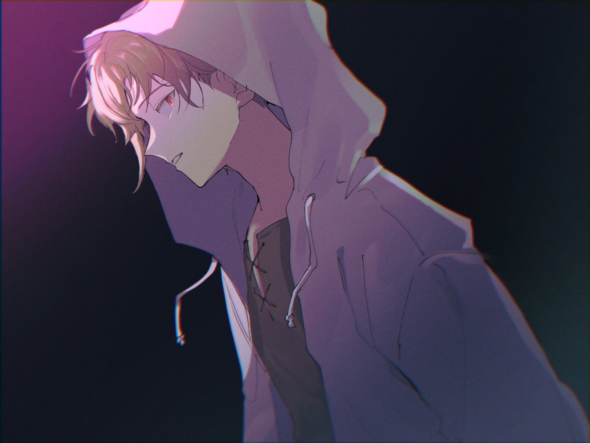 1boy black_background blurry brown_shirt chromatic_aberration colored_eyelashes commentary cross-laced_clothes cross-laced_slit dark_background depth_of_field drawstring dutch_angle from_side gradient_background green_background grey_hoodie highres hood hood_up hoodie kagerou_project kano_shuuya light_brown_hair looking_away male_focus mokemoke_chan multicolored_background notched_neckline open_clothes parted_lips purple_background red_eyes shirt short_hair sideways_glance solo upper_body