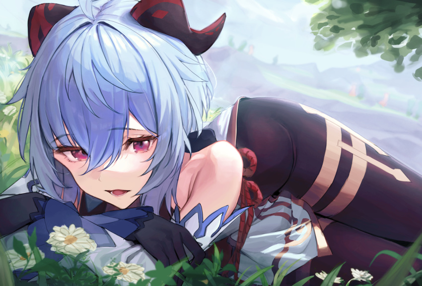 1girl ahoge bare_shoulders black_pantyhose blue_hair detached_sleeves flower ganyu_(genshin_impact) genshin_impact gold_trim highres horns long_hair lying on_side open_mouth outdoors pantyhose red_rope rope sidelocks smile solo tassel thighlet thighs tooyon violet_eyes white_flower white_sleeves
