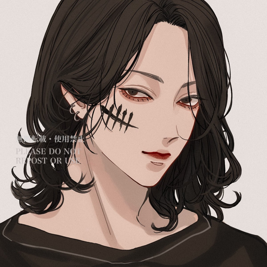 1boy androgynous bishounen black_hair black_shirt brown_eyes closed_mouth commission earrings facial_mark highres jewelry kagoya1219 looking_at_viewer male_focus medium_hair original portrait shirt simple_background solo tally watermark white_background