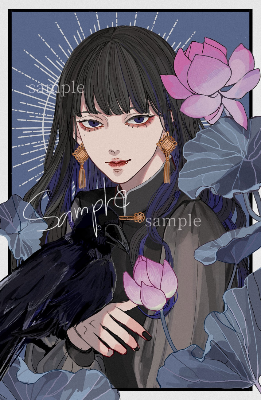 1girl bird black_bird black_hair black_nails blue_background border chinese_clothes chinese_knot colored_inner_hair commission crow earrings fang fang_out flower highres jewelry kagoya1219 leaf light_smile long_hair long_sleeves looking_at_viewer mole mole_under_eye multicolored_hair nail_polish original outside_border pink_flower purple_hair sample_watermark solo tassel tassel_earrings upper_body violet_eyes watermark white_border