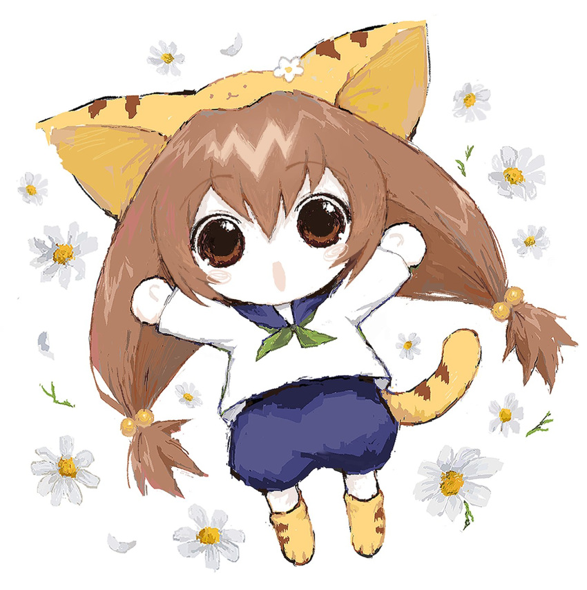 1girl animal_ears animal_hat auksechan brown_eyes brown_hair cat_ears cat_hat cat_tail chibi di_gi_charat flower hat highres looking_at_viewer open_mouth puchiko school_uniform smile solo tail twintails
