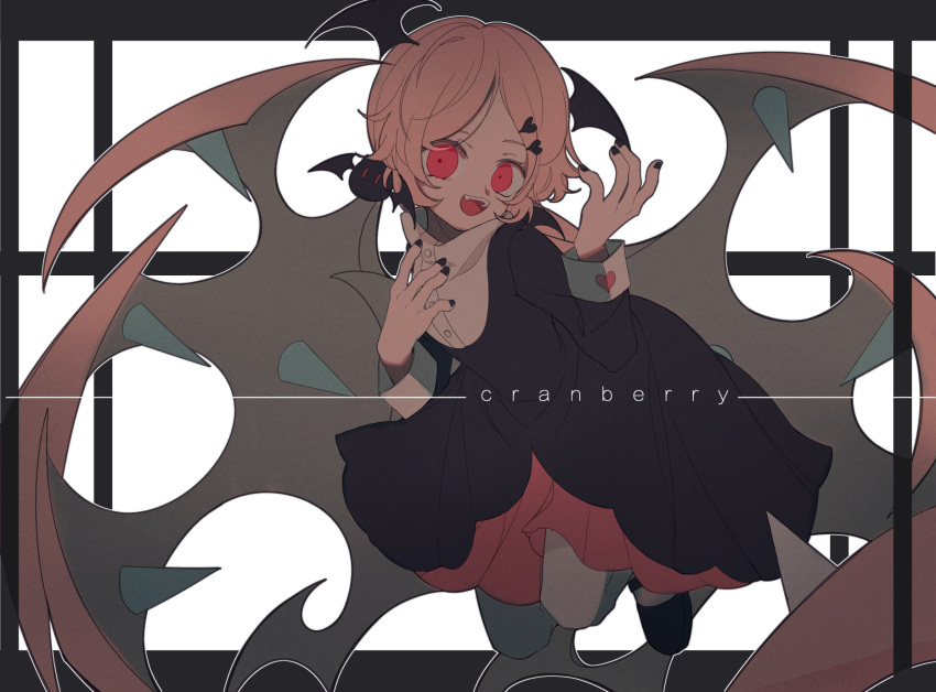 1girl black_background black_dress black_nails cranber_(haiiro_teien) demon_girl demon_wings dress haiiro_teien hair_ornament hair_wings head_wings heart heart_hair_ornament highres long_hair long_sleeves multicolored_background open_mouth pink_eyes pink_hair smile solo twintails white_background wings yexie_pottle