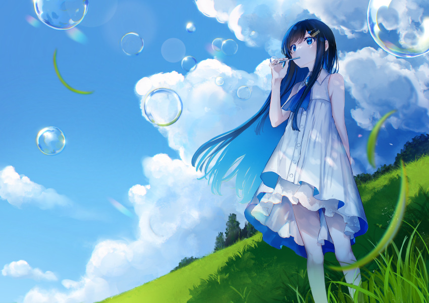 1girl absurdres aqua_hair arm_behind_back armpit_crease black_hair blue_eyes blue_gemstone blue_hair blue_sky blurry blurry_foreground brooch bubble bubble_blowing bubble_pipe buttons cevio clouds cloudy_sky collared_dress colored_inner_hair commentary_request copyright_name day dress feet_out_of_frame floating_hair frilled_dress frills futaba_minato gem grass hair_ornament hairclip hand_up highres hill hitoba holding jewelry long_hair looking_ahead multicolored_hair official_art outdoors second-party_source sidelocks sky sleeveless sleeveless_dress soap_bubbles solo standing tree two-tone_hair white_dress wind