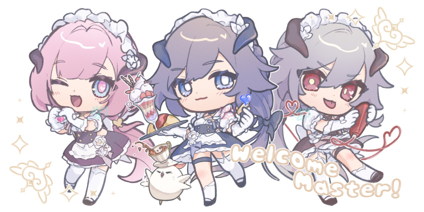 3girls :p ;d absurdres alternate_costume asymmetrical_legwear black_dress black_footwear blue_eyes bottle character_request closed_mouth commentary_request cup dress elysia_(honkai_impact) english_text enmaided finger_heart food fu_hua fu_hua_(herrscher_of_sentience) gloves grey_hair hair_between_eyes heart heart_hands highres holding holding_bottle holding_tray honkai_(series) honkai_impact_3rd hyourou_m ketchup ketchup_bottle long_hair low_ponytail maid maid_headdress multiple_girls omelet omurice one_eye_closed pink_hair ponytail puffy_short_sleeves puffy_sleeves red_eyes saucer shoes short_sleeves simple_background single_sock single_thighhigh smile socks sparkle teacup thigh-highs tongue tongue_out tray very_long_hair white_background white_gloves white_socks white_thighhighs