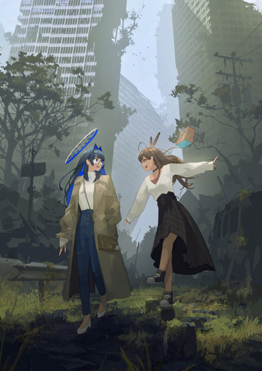 2girls ahoge bag_charm balancing berry black_choker blue_hair blunt_bangs boros_(ouro_kronii) brown_coat brown_eyes brown_footwear brown_hair brown_skirt building charm_(object) choker coat colored_inner_hair crossed_bangs denim earrings food-themed_earrings friend_(nanashi_mumei) glasses grass hair_intakes halo high-waist_pants high_heels high_tops highres hime_cut hololive hololive_english jeans jewelry keyring leonardo_vincent long_hair long_skirt long_sleeves looking_at_another mechanical_halo multicolored_hair multiple_girls nanashi_mumei nanashi_mumei_(3rd_costume) necklace official_alternate_costume ouro_kronii ouro_kronii_(3rd_costume) pants plaid plaid_skirt pleated_skirt red_shirt red_socks round_eyewear ruins shirt shoes sidelocks sign skirt sleeves_past_wrists smile sneakers socks standing standing_on_one_leg streaked_hair sweater teeth tree turtleneck upper_teeth_only very_long_hair virtual_youtuber walking white_shirt white_sweater