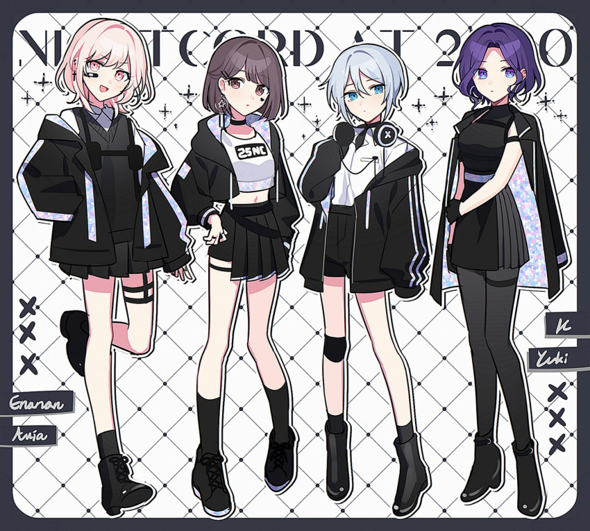 1other 25-ji_nightcord_de._(project_sekai) 3girls akiyama_mizuki asahina_mafuyu black_footwear black_jacket black_pantyhose black_shirt black_shorts black_skirt black_socks black_sweater_vest blue_eyes bob_cut boots brown_eyes brown_hair collared_shirt commentary crop_top cross cross_earrings earrings full_body headphones headphones_around_neck highres hoop_earrings jacket jewelry knee_pads layered_skirt long_sleeves multiple_girls pantyhose parted_bangs pink_eyes pink_hair pleated_skirt project_sekai purple_hair shinonome_ena shirt shoes short_hair shorts sidelocks single_knee_pad skirt sleeveless sleeveless_shirt sneakers socks star_(symbol) star_earrings sweater_vest thigh_strap violet_eyes waka_(wk4444) white_shirt yoisaki_kanade