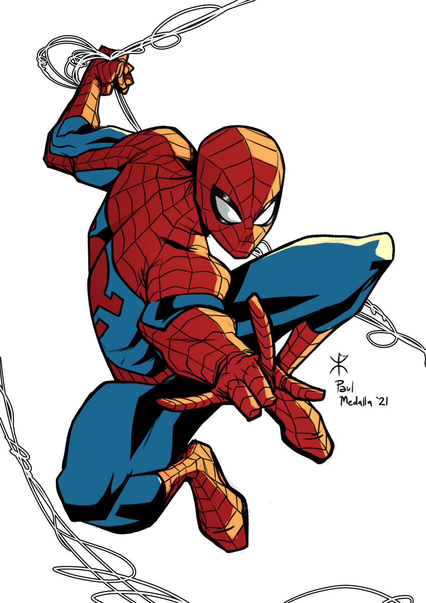 1boy absurdres animal_print apoloniodraws artist_name blue_bodysuit bodysuit dated highres holding male_focus marvel mask mask_on_head silk simple_background solo spider-man spider-man_(series) spider_print spider_web spider_web_print superhero swinging western_comics_(style) white_background