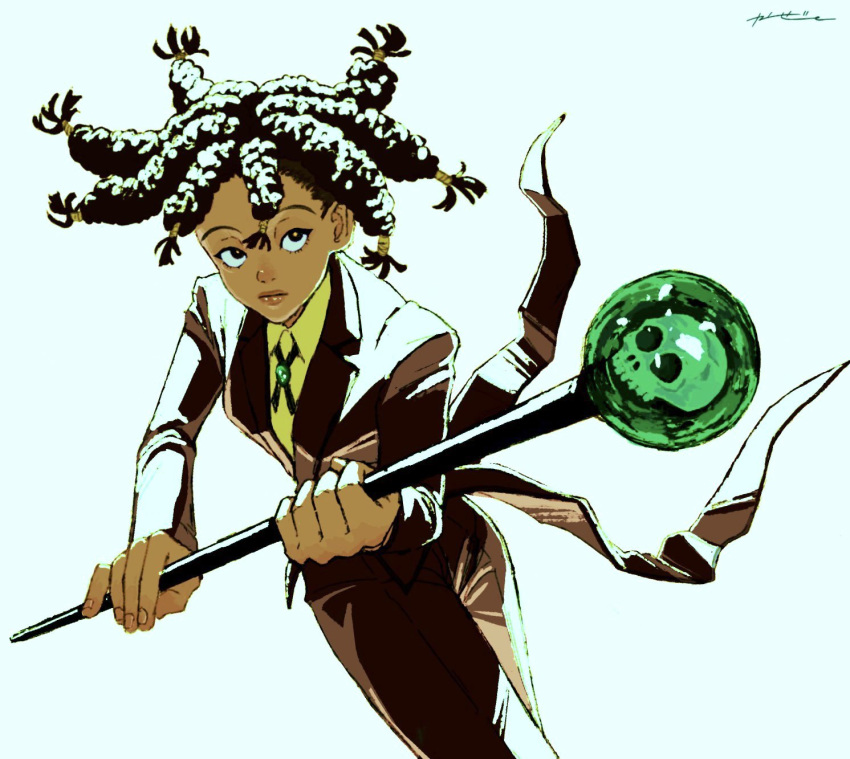 1girl black_hair black_pants black_suit butler canary_(hunter_x_hunter) cowboy_shot dark-skinned_female dark_skin female_butler formal hair_tie highres holding holding_staff hunter_x_hunter kaze_no long_hair long_sleeves looking_at_viewer pants signature simple_background solo staff suit very_dark_skin white_background