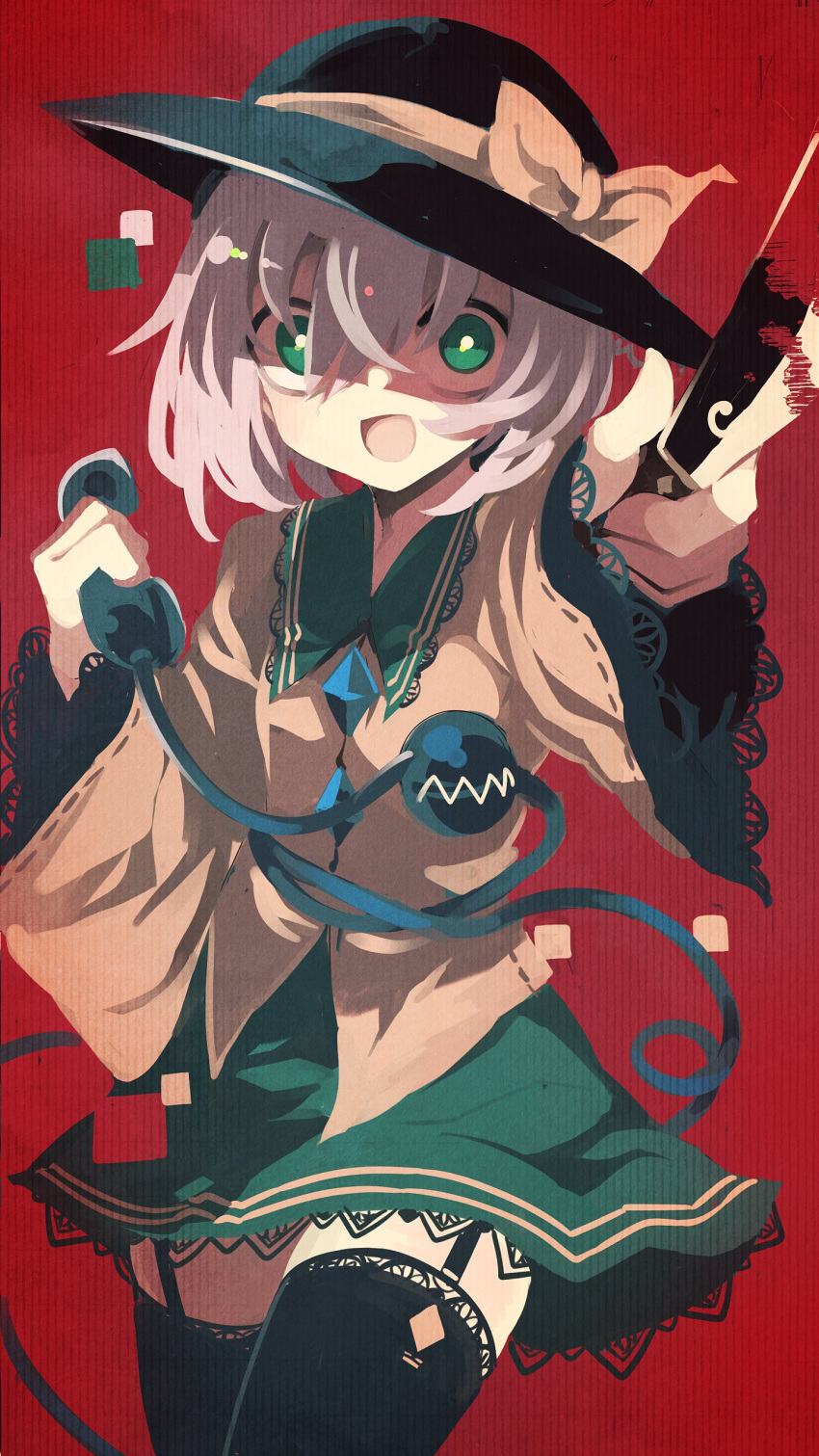 1girl :d absurdres black_headwear black_thighhighs blood blood_on_knife bow bright_pupils commentary_request fuukadia_(narcolepsy) garter_straps green_eyes green_skirt grey_hair hair_between_eyes hat hat_bow highres holding holding_knife holding_phone knife komeiji_koishi long_sleeves looking_at_viewer open_mouth phone red_background short_hair simple_background skirt smile solo thigh-highs touhou white_pupils wide_sleeves yellow_bow