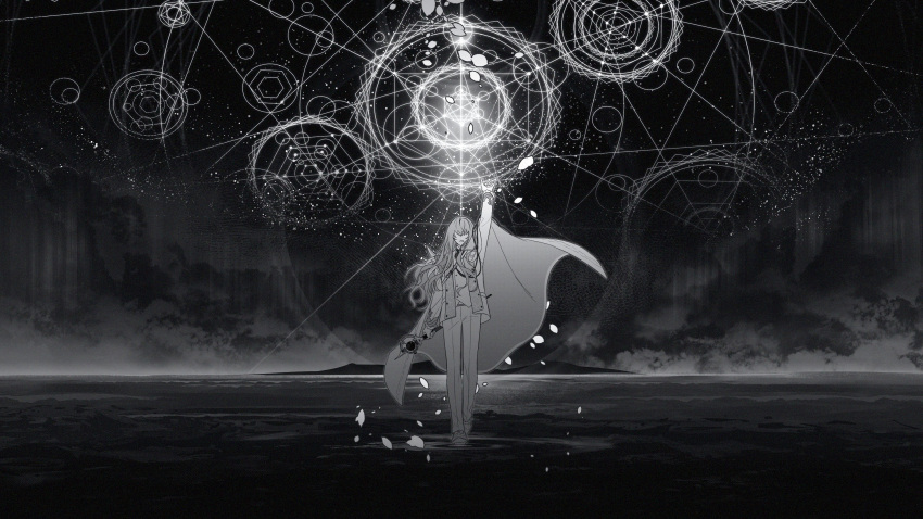 1boy blonde_hair cane cape casting_spell constellation fate/grand_order fate_(series) formal full_body hand_up highres holding holding_cane kirschtaria_wodime long_hair male_focus monochrome nachochips_159 ocean pants solo suit walking walking_on_liquid white_cape white_pants white_suit