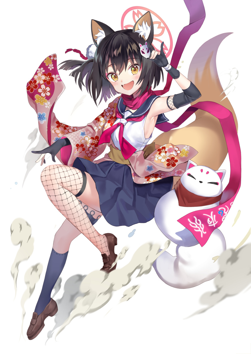 1girl :d absurdres animal_ears armpits asymmetrical_legwear black_gloves black_hair black_skirt blue_archive commentary_request eyeshadow fingerless_gloves fishnet_thighhighs fishnets fox_ears fox_girl fox_hair_ornament fox_statue fox_tail full_body gloves hadanugi_dousa hair_between_eyes hair_ornament halo highres izuna_(blue_archive) long_sleeves looking_at_viewer makeup medium_hair mismatched_legwear ninja pleated_skirt pom_pom_(clothes) pom_pom_hair_ornament posom red_eyeshadow rope school_uniform serafuku shimenawa sidelocks simple_background skirt sleeveless smile solo tail thigh-highs wide_sleeves yellow_eyes