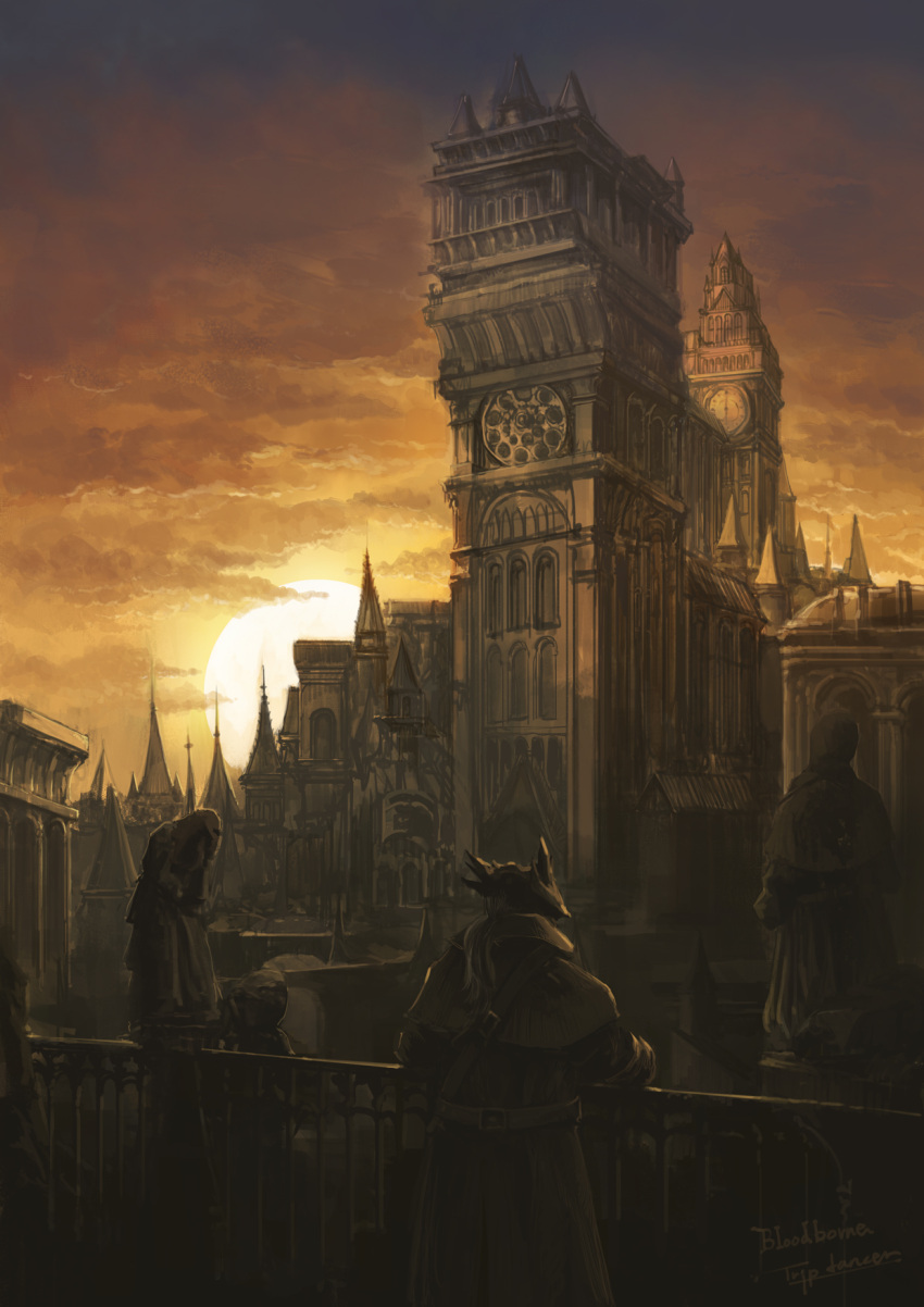 1other ambiguous_gender artist_name bloodborne brown_coat building city clouds coat copyright_name figure from_behind hat highres outdoors ponytail scenery standing sun sunset tower tricorne tripdancer