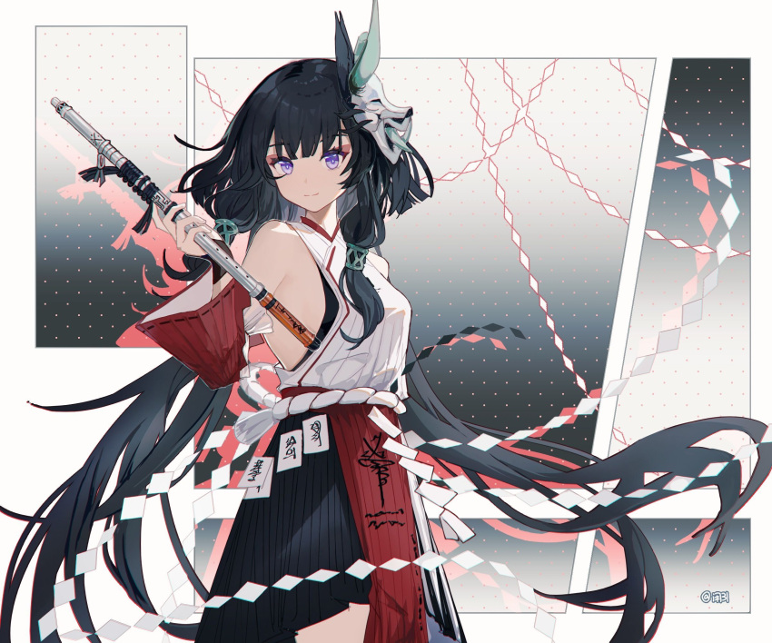 1girl bare_shoulders black_hair breasts detached_sleeves flute hair_ribbon highres holding holding_instrument instrument long_hair mask mask_on_head nontraditional_miko ofuda ofuda_on_clothes oni_mask punishing:_gray_raven ribbon selena_(punishing:_gray_raven) sideboob sidelocks tress_ribbon very_long_hair violet_eyes
