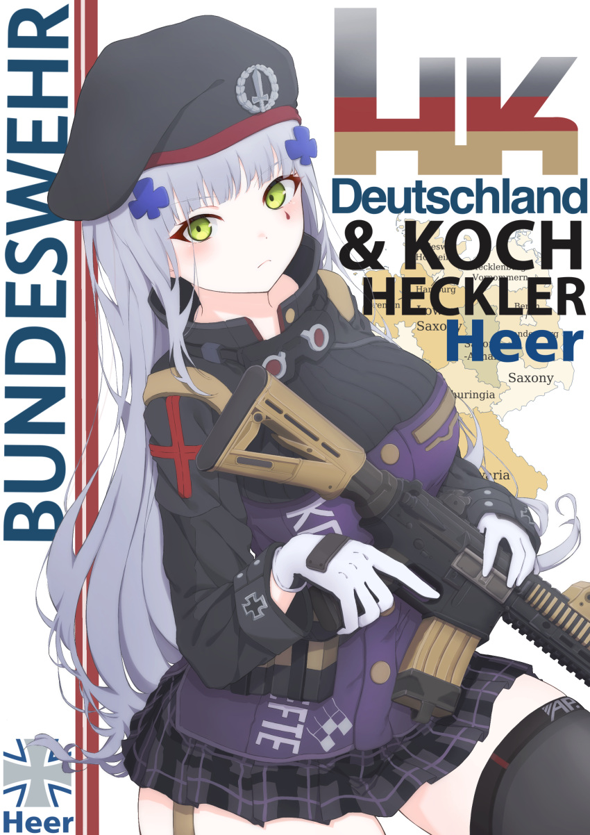 1girl absurdres assault_rifle beret black_headwear black_thighhighs blunt_bangs breasts cross facial_mark german_flag germany girls_frontline gloves green_eyes grey_hair grey_skirt gun h&amp;k_g11 h&amp;k_hk416 hat heckler_&amp;_koch highres hk416_(girls'_frontline) iron_cross jacket large_breasts long_hair long_sleeves looking_at_viewer miniskirt plaid plaid_skirt rifle skirt solo teardrop teardrop_facial_mark teardrop_tattoo thigh-highs uchikata_takeaki very_long_hair weapon white_gloves