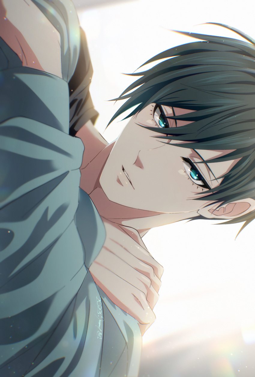 1boy absurdres aqua_eyes blue_lock commentary_request dated green_hair green_shirt highres itoshi_rin long_sleeves looking_at_viewer male_focus may_(illust_man_2020) parted_lips shirt short_hair solo