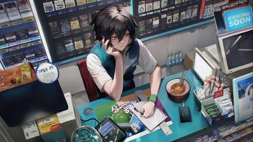 1boy absurdres black_hair bored bowl cellphone chopsticks closed_mouth frown gift_card hand_on_own_cheek hand_on_own_face highres holding holding_pen jar mmlyno notebook original pen phone ponytail shore short_sleeves sitting smartphone solo store_clerk tablet_pc vest violet_eyes