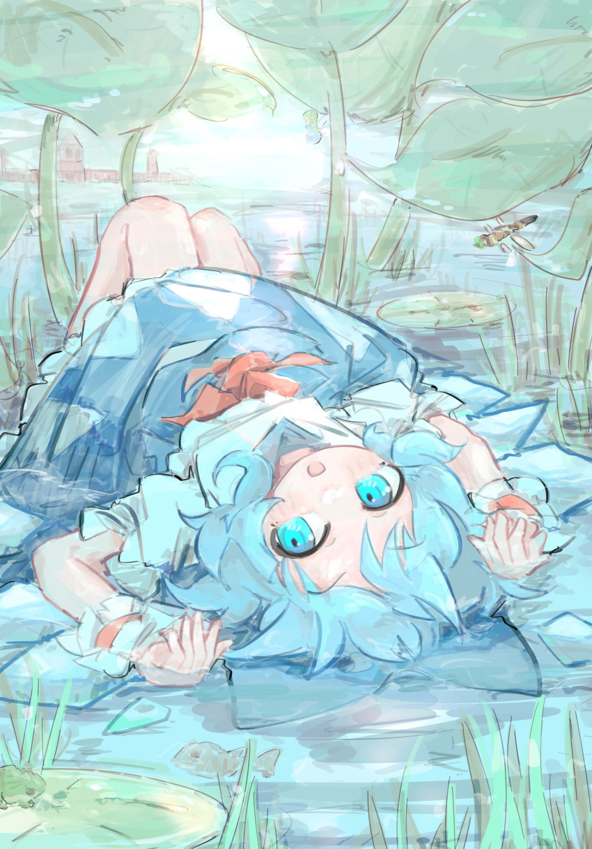 1girl :d absurdres arms_up blue_bow blue_dress blue_eyes blue_hair bow breasts cirno commentary_request dress frog grass hair_bow happy hatut highres horizon ice ice_wings knees_up lily_pad looking_at_viewer looking_to_the_side lying on_back open_mouth outdoors pinafore_dress puffy_short_sleeves puffy_sleeves short_sleeves sleeveless sleeveless_dress small_breasts smile solo touhou upside-down water wings