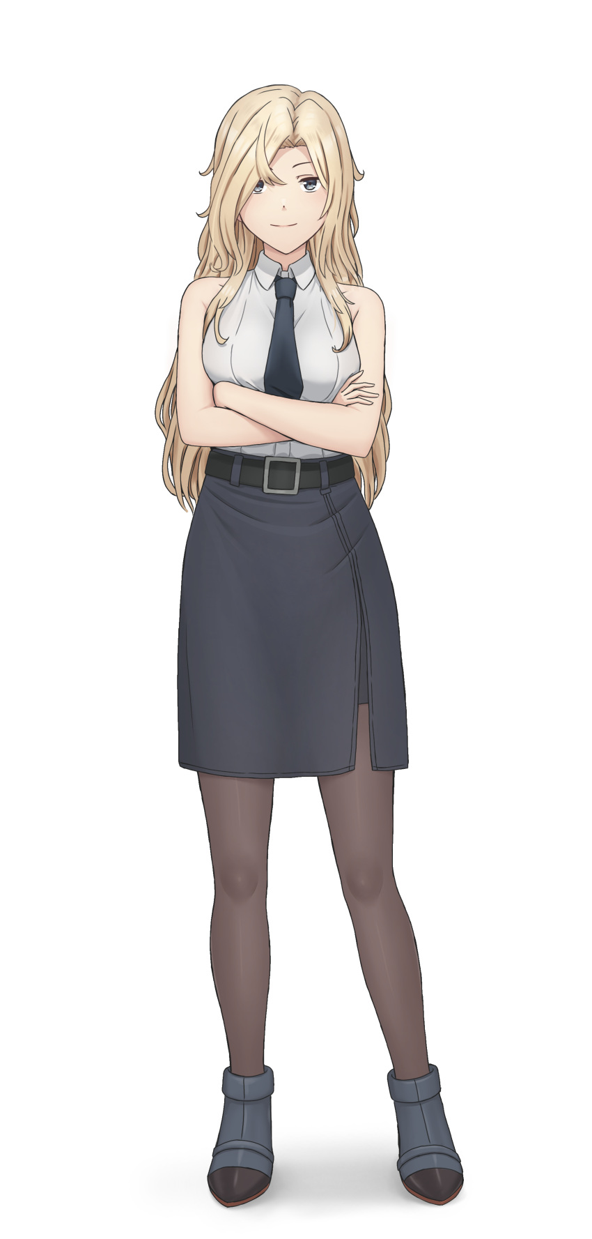 1girl a_rokhman absurdres black_eyes black_footwear black_necktie black_pantyhose black_skirt collared_shirt commentary_request crossed_arms forehead full_body highres hornet_(kancolle) kantai_collection light_brown_hair long_hair looking_at_viewer necktie pantyhose parted_bangs pencil_skirt shirt shoes sidelocks simple_background skirt sleeveless smile solo standing white_background