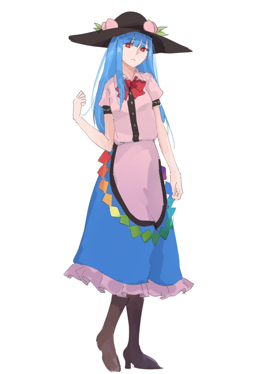 1girl black_headwear blue_hair blue_skirt bow bowtie closed_mouth collared_shirt commentary food frilled_skirt frills fruit full_body high_heels highres hinanawi_tenshi leaf long_hair looking_at_viewer one-hour_drawing_challenge peach rainbow_order red_bow red_bowtie red_eyes shirt short_sleeves simple_background skirt solo standing tohoyuukarin touhou white_background