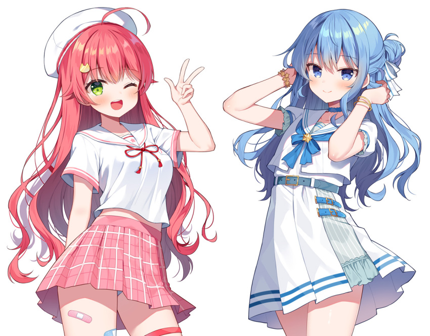 2girls ;d ahoge bandaid bandaid_on_leg beret blue_bow blue_hair blush bow breasts closed_mouth commentary_request green_eyes grey_eyes hair_between_eyes hair_ornament hand_up hat hololive hoshimachi_suisei hoshimachi_suisei_(4th_costume) long_hair looking_at_viewer mauve medium_breasts multiple_girls one_eye_closed pink_skirt pleated_skirt puffy_short_sleeves puffy_sleeves redhead sailor_collar sakura_miko sakura_miko_(6th_costume) school_uniform serafuku shirt short_sleeves simple_background skirt smile star_(symbol) v very_long_hair virtual_youtuber white_background white_headwear white_sailor_collar white_serafuku white_shirt white_skirt