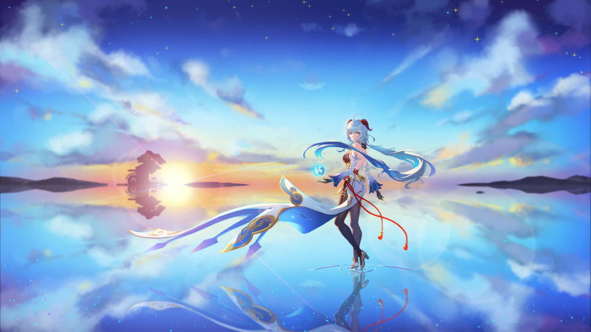 1girl absurdres afloat ahoge bare_back black_bodysuit black_gloves blue_hair blue_sky bodysuit breasts clouds cloudy_sky commentary_request detached_sleeves ermu_(enmmm) full_body ganyu_(genshin_impact) genshin_impact gloves goat_horns grey_eyes hair_between_eyes high_heels highres horns lake long_hair long_sleeves looking_at_viewer low_ponytail mountainous_horizon orb outdoors parted_lips reflection scenery sideboob sidelocks sky solo standing standing_on_one_leg sunrise wind