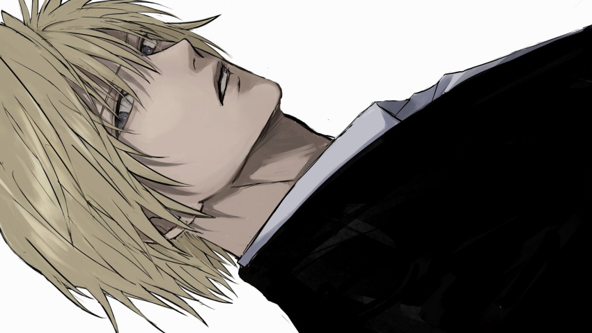 1other black_suit blonde_hair expressionless formal from_side grey_eyes hair_between_eyes highres hunter_x_hunter kurapika looking_at_viewer other_focus ra_yu shirt simple_background solo suit upper_body white_background white_shirt