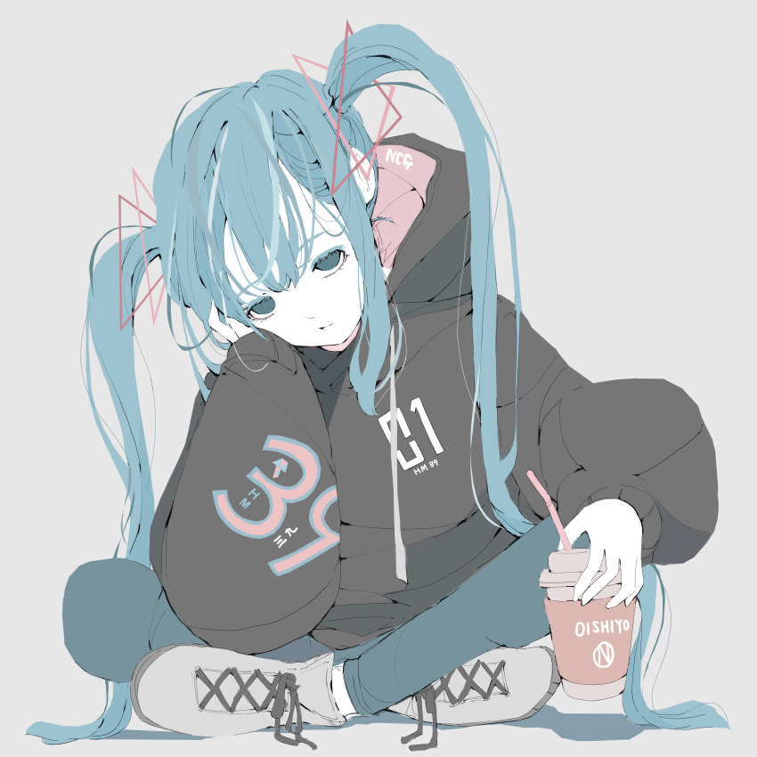 1girl 39 absurdres arm_support black_hoodie blue_eyes blue_hair blue_pants closed_mouth coffee_cup commentary_request crossed_ankles cup disposable_cup full_body hair_ornament hand_on_own_cheek hand_on_own_face hatsune_miku highres holding holding_cup hood hood_down hoodie hunched_over long_bangs long_hair looking_at_viewer miku_day no_pupils nocopyrightgirl pale_skin pants print_hoodie puffy_sleeves romaji_text shoes simple_background sitting sleeves_past_wrists sneakers solo twintails vocaloid white_background white_footwear