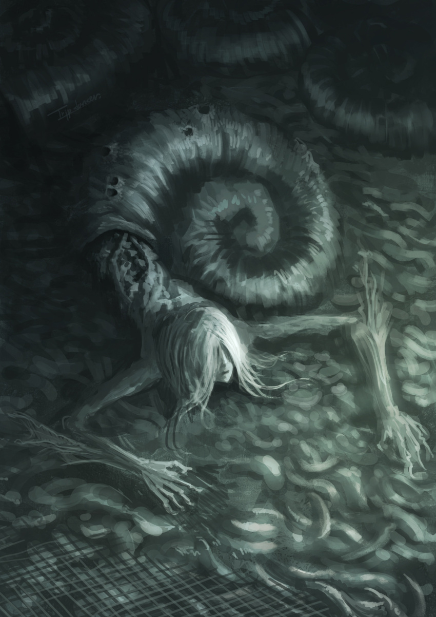 1girl bloodborne closed_mouth hair_over_eyes highres long_hair lying monster_girl on_stomach parted_bangs skinny snail_girl snail_woman_(bloodborne) solo tripdancer