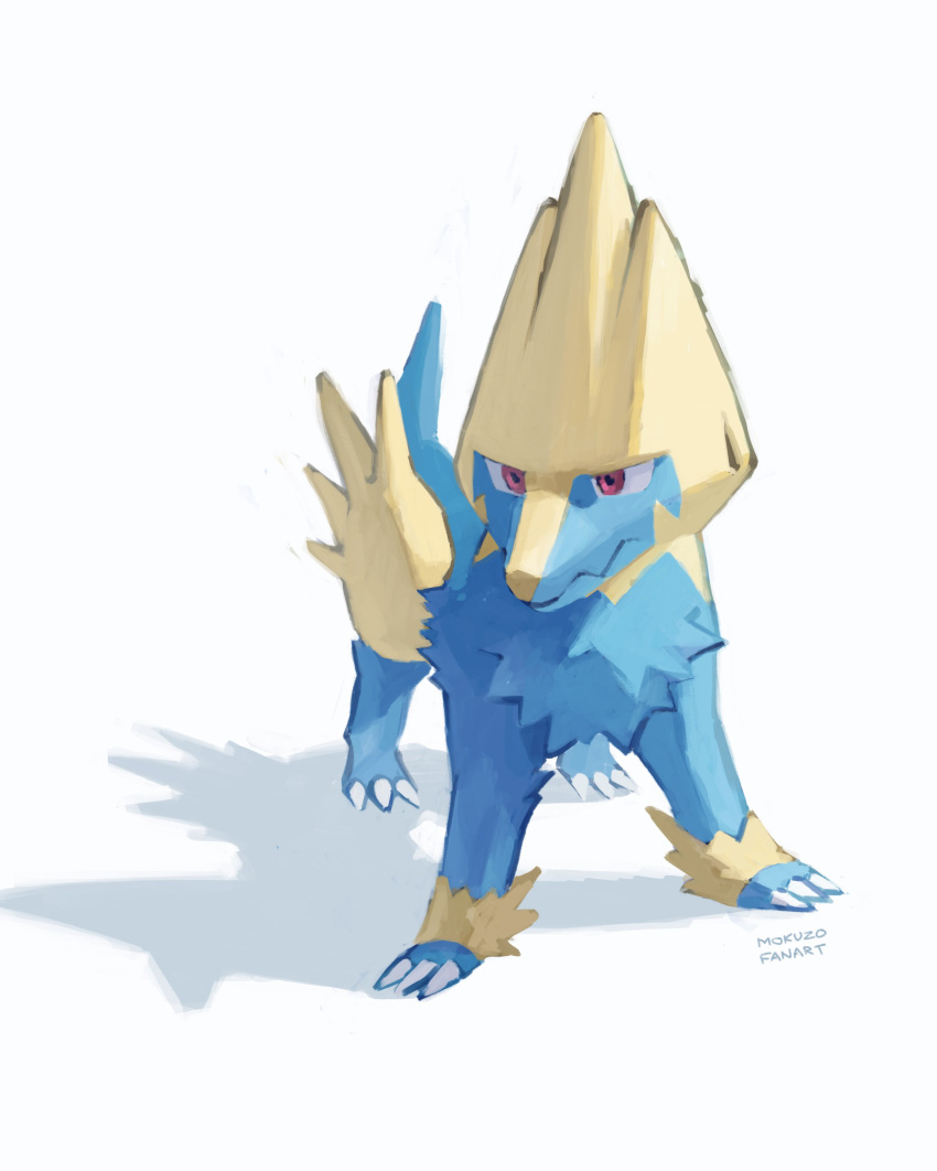 absurdres aqua_fur claws closed_mouth commentary full_body highres manectric mokuzou_(moku_ssbu) no_humans pokemon pokemon_(creature) red_eyes signature solo standing symbol-only_commentary wavy_mouth white_background