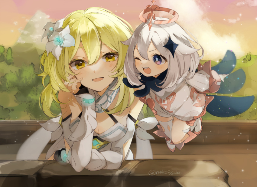 2girls arm_armor artist_name bare_shoulders black_gloves blonde_hair blue_scarf blush boots breasts clouds cloudy_sky crystal_hair_ornament detached_sleeves dress fingerless_gloves flower flying genshin_impact gloves grey_hair hair_between_eyes hair_flower hair_ornament halo hand_on_own_face hand_up high_heels leg_up long_sleeves looking_at_another lumine_(genshin_impact) mechanical_halo medium_breasts multiple_girls naruka_(ynarukay) one_eye_closed open_mouth orange_sky outdoors paimon_(genshin_impact) pink_sky scarf short_hair short_hair_with_long_locks sidelocks sitting sky smile sunset table teeth tongue v-shaped_eyebrows violet_eyes white_dress white_flower white_footwear wide_sleeves yellow_eyes