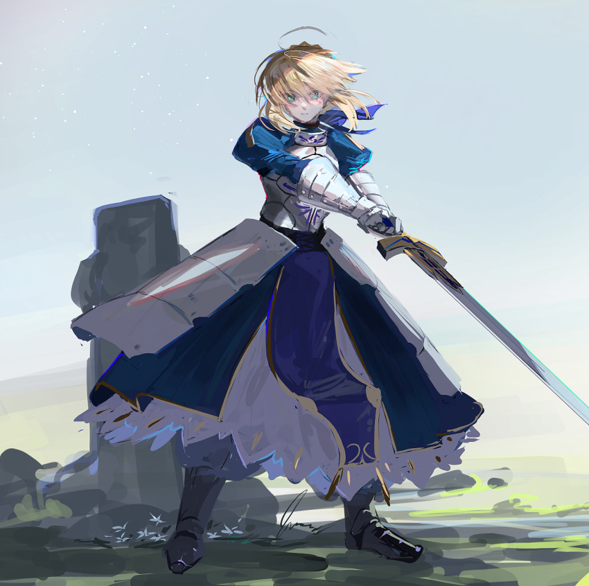 1girl :| ahoge armor armored_dress artoria_pendragon_(fate) blonde_hair blue_dress blue_ribbon blush breastplate closed_mouth dress excalibur_(fate/stay_night) fate/stay_night fate_(series) frilled_dress frills full_body gauntlets green_eyes hair_between_eyes hair_ribbon highres holding holding_sword holding_weapon juliet_sleeves layered_clothes long_bangs long_hair long_sleeves looking_at_viewer outdoors own_hands_together pelvic_curtain puffy_sleeves ribbon sabaton serious sidelocks solo standing sword ubwmitekure weapon