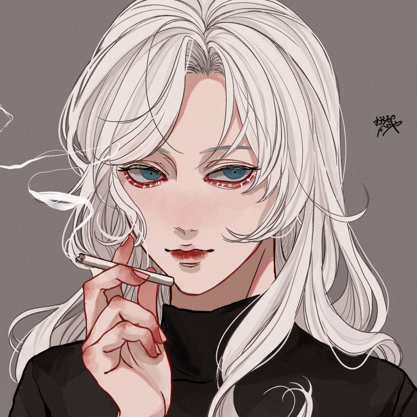 1girl aqua_eyes black_sweater cigarette closed_mouth commission cropped fingernails grey_background hand_up highres holding holding_cigarette kagoya1219 long_hair looking_at_viewer original portrait second-party_source signature simple_background skeb_commission smoke smoking solo sweater turtleneck turtleneck_sweater white_hair