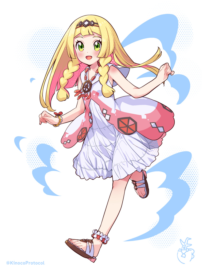 1girl :d blonde_hair blush bracelet braid brown_footwear clenched_hands colored_inner_hair commentary_request cosplay dress eyelashes full_body green_eyes hairband highres jewelry kinocopro knees lana_(pokemon) lana_(pokemon)_(cosplay) lillie_(pokemon) long_hair looking_at_viewer multicolored_hair necklace open_mouth pokemon pokemon_(game) pokemon_masters_ex pokemon_sm sandals sleeveless sleeveless_dress smile toes twin_braids twitter_username watermark white_background white_dress