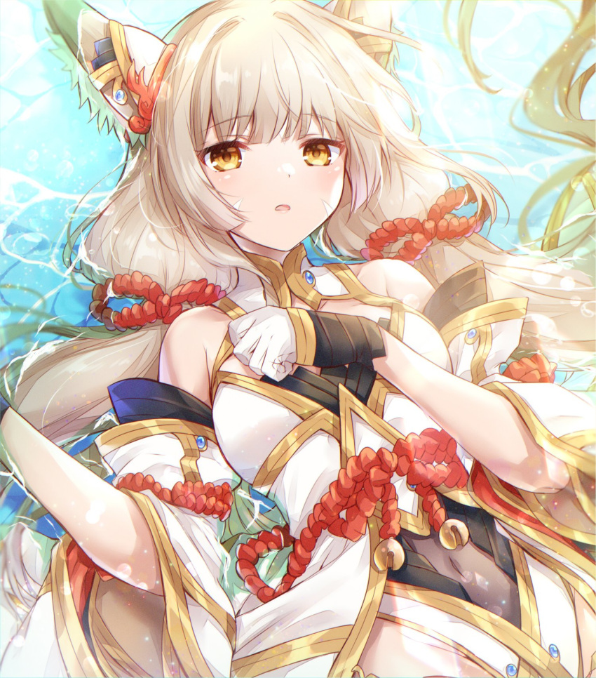 1girl animal_ear_fluff animal_ears bare_shoulders blunt_bangs cat_ears commentary_request covered_navel detached_sleeves dress facial_mark gloves gold_trim grey_hair highres long_hair looking_away low_twintails lying nia_(blade)_(xenoblade) nia_(xenoblade) on_back partially_submerged solo twintails ui_frara very_long_hair water white_dress white_gloves xenoblade_chronicles_(series) xenoblade_chronicles_2 yellow_eyes