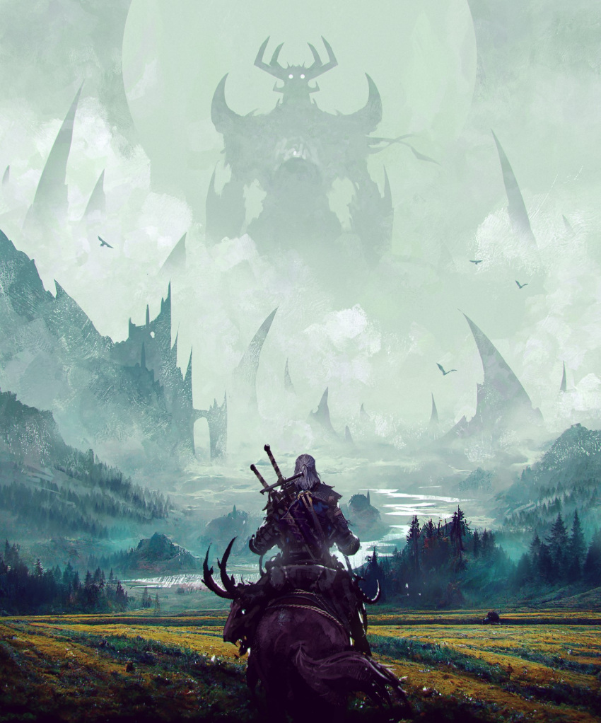 aku_(samurai_jack) armor clouds cloudy_sky crossover fog forest geralt_of_rivia giant highres kalmahul long_hair male_focus nature outdoors ponytail samurai_jack sky sword the_witcher_(series) tree weapon weapon_on_back