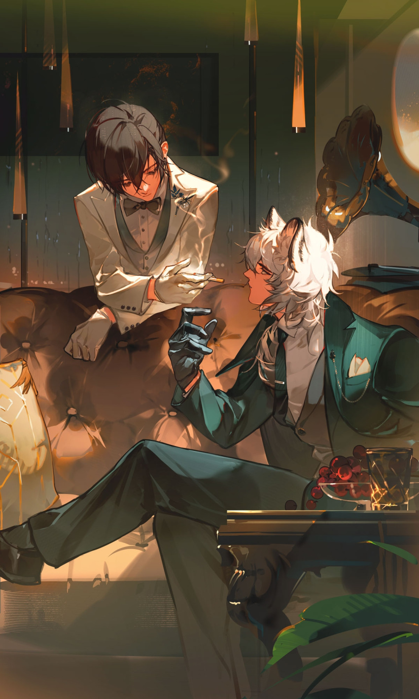 2boys akai_999 alternate_costume animal_ear_fluff animal_ears arknights black_bow black_bowtie black_footwear black_gloves black_hair bow bowtie cigarette closed_eyes couch crossed_legs doctor_(arknights) formal gloves green_jacket green_necktie green_pants green_suit highres holding holding_cigarette indoors jacket leopard_boy leopard_ears long_sleeves looking_at_another male_doctor_(arknights) male_focus multiple_boys necktie pants phonograph shirt shoes short_hair silverash_(arknights) sitting smoke smoking suit suit_jacket table vest white_gloves white_hair white_jacket white_shirt white_suit window