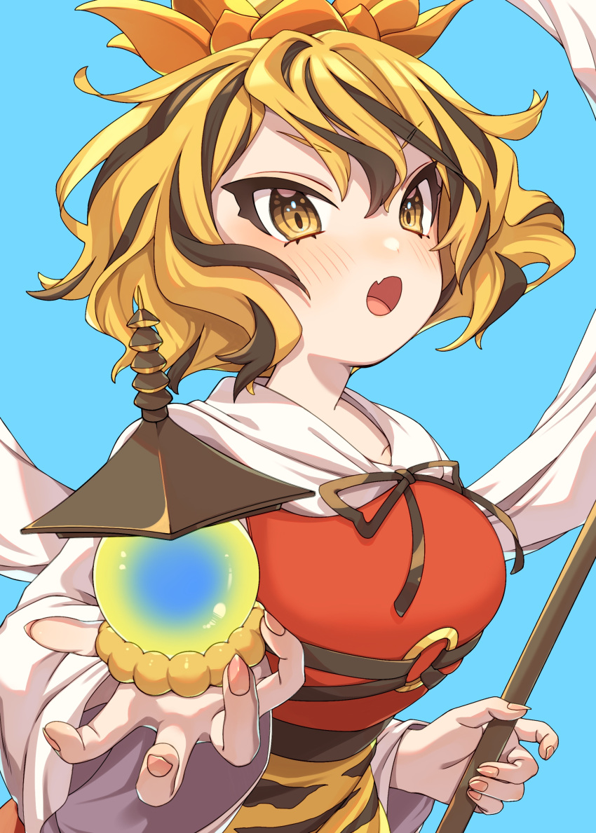 1girl :o absurdres bishamonten's_pagoda blonde_hair blue_background blush bow breasts collarbone commentary_request e_sdss fang hagoromo hair_bow highres holding holding_lantern lantern large_breasts looking_at_viewer multicolored_hair o-ring open_mouth orange_eyes shawl short_hair simple_background skin_fang solo streaked_hair toramaru_shou touhou tsurime upper_body v-shaped_eyebrows yellow_eyes