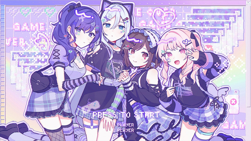 1other 25-ji_nightcord_de._(project_sekai) 3girls akiyama_mizuki animal_ear_headphones animal_ears asahina_mafuyu bare_shoulders black_bow blue_eyes bow brown_eyes brown_hair cat_ear_headphones clothing_cutout commentary drawn_wings dress fake_animal_ears frilled_dress frilled_skirt frills hair_between_eyes hair_bow hair_ornament hairclip headphones highres holding_hands hood hoodie lolita_fashion long_hair long_sleeves multiple_girls negai_wa_itsuka_asa_o_koete_(project_sekai) pink_eyes pink_hair plaid plaid_skirt project_sekai puffy_short_sleeves puffy_sleeves purple_dress purple_footwear purple_hair purple_hoodie purple_shirt purple_sweater shinonome_ena shirt shoes short_hair short_sleeves shoulder_cutout side_ponytail skirt striped_sleeves sweater thigh_strap very_long_hair violet_eyes waka_(wk4444) white_background window_(computing) yoisaki_kanade