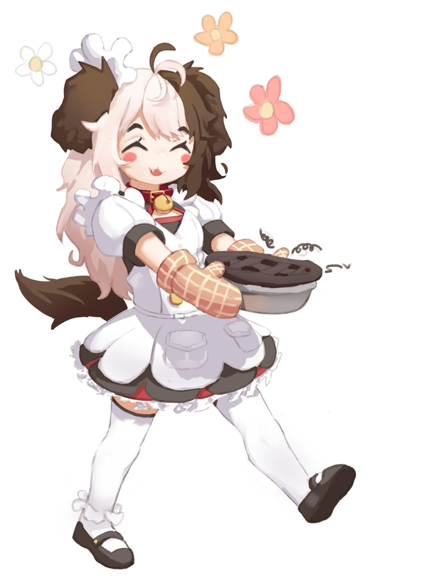1girl aged_down animal_ears antenna_hair bell black_footwear blush breasts brown_gloves brown_hair closed_eyes collar commentary dog_ears dog_girl dog_tail dress facing_viewer fang flower food foot_up frilled_dress frills full_body gloves greentree grey_hair hachiko_of_castling highres holding jingle_bell last_origin long_hair maid mary_janes multicolored_hair neck_bell open_mouth orange_flower pie red_collar red_flower shoes simple_background small_breasts solo split-color_hair tail thigh-highs two-tone_hair white_background white_dress white_flower white_thighhighs