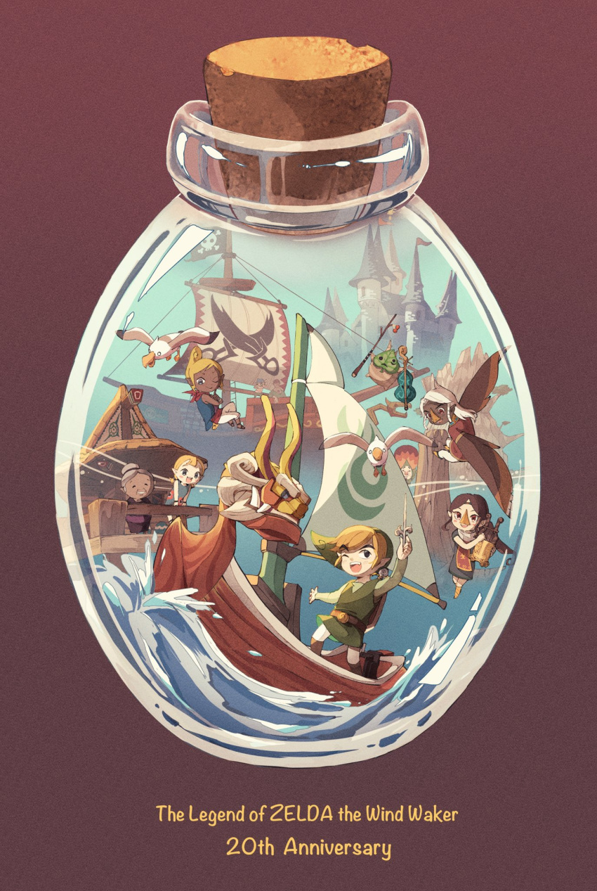 1boy 5girls aryll bird blonde_hair boat bottle brown_background castle copyright_name dark-skinned_female dark_skin english_text european_architecture gonzo_(wind_waker) green_tunic highres holding holding_sword holding_weapon in_bottle in_container korok link link's_grandma macmarenga16 makar medli multiple_girls niko_(wind_waker) one_eye_closed open_mouth seagull simple_background sword teeth tetra the_king_of_red_lions the_legend_of_zelda the_legend_of_zelda:_the_wind_waker tingle toon_link upper_teeth_only water watercraft weapon