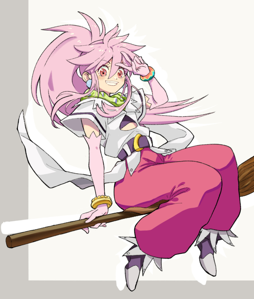 1girl arche_klein belt bracelet broom earrings elbow_gloves full_body gloves highres himukai_yuusuke jewelry long_hair looking_at_viewer pants pink_eyes pink_hair pink_pants ponytail simple_background smile solo tales_of_(series) tales_of_phantasia v white_background wide_ponytail