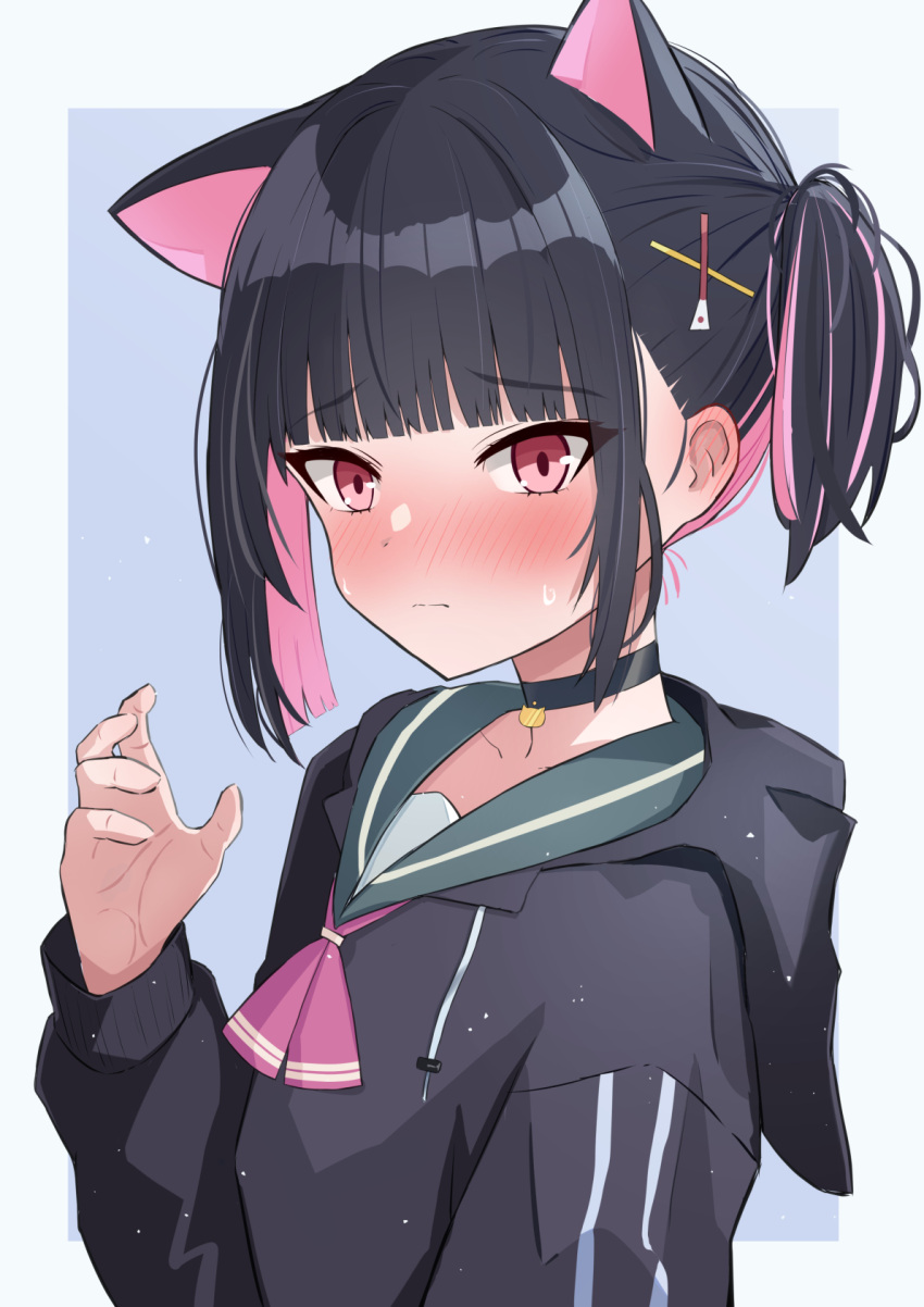 1girl alternate_hairstyle amenocchi animal_ears black_choker black_hair black_sweater blue_archive blush cat_ears cat_girl choker collarbone colored_inner_hair commentary_request embarrassed extra_ears highres hood hooded_sweater kazusa_(blue_archive) long_sleeves looking_at_viewer multicolored_hair pendant_choker red_eyes school_uniform serafuku short_hair side_ponytail sidelocks simple_background solo sweatdrop sweater two-tone_hair white_background