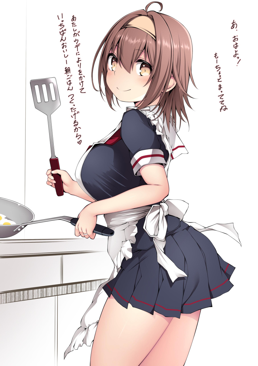 1girl absurdres apron black_serafuku black_skirt blush breasts brown_hair brown_hairband cooking egg_(food) food frilled_apron frills hair_between_eyes hairband highres holding holding_spatula kantai_collection kuromayu large_breasts looking_at_viewer orange_eyes pleated_skirt sailor_collar school_uniform serafuku shiratsuyu_(kancolle) short_hair short_sleeves simple_background skirt solo spatula translation_request white_apron white_background