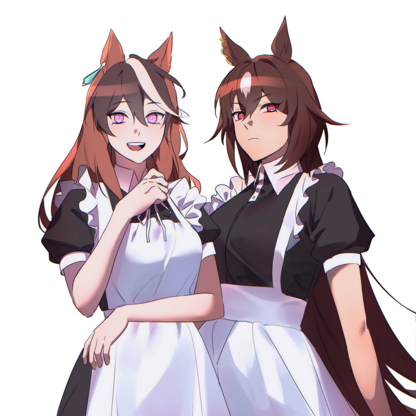 2girls alternate_costume animal_ears apron arm_under_breasts black_dress breasts brown_hair closed_mouth collared_dress dress earrings enmaided hair_between_eyes hand_up highres horse_ears jewelry long_hair looking_at_viewer maid maid_apron multicolored_hair multiple_girls neck_ribbon open_mouth pink_eyes red_eyes ribbon simple_background single_earring sirius_symboli_(umamusume) small_breasts smile streaked_hair symboli_rudolf_(umamusume) ukka_(0ukka_) umamusume upper_body waist_apron white_background