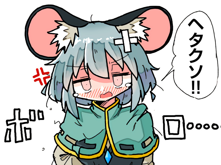 1girl animal_ears bandaged_head bandages black_jacket blush capelet dot_nose dot_pupils green_capelet grey_hair grey_shirt jacket kasuya_baian long_sleeves looking_at_viewer mouse_ears mouse_girl mouse_tail nazrin red_eyes shirt short_hair simple_background solo striped_capelet tail tears touhou translation_request upper_body white_background