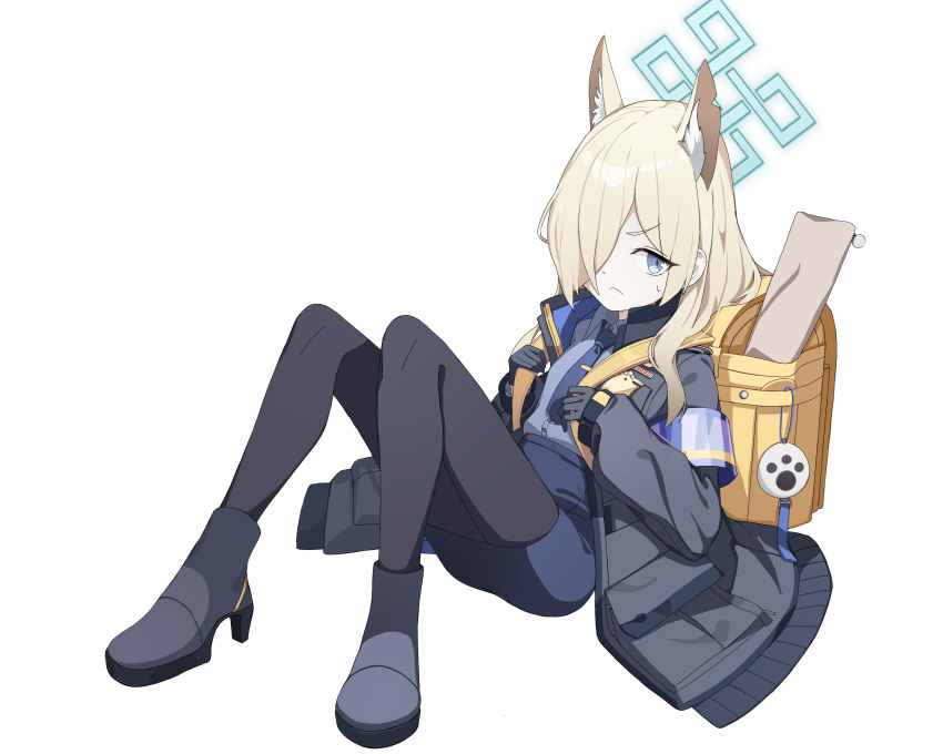 1girl absurdres aged_down animal_ear_fluff animal_ears backpack bag black_footwear black_jacket black_necktie black_pantyhose black_skirt blue_archive blue_armband blue_eyes commentary_request dog_ears dog_girl full_body hair_over_one_eye halo high_heels highres jacket kanna_(blue_archive) light_brown_hair long_hair long_sleeves looking_at_viewer necktie open_clothes open_jacket pantyhose paw_print pencil_skirt police police_uniform policewoman randoseru shoes sidelocks simple_background sitting skirt solo toombo12 uniform white_background